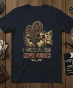 T-shirt with "I Speak Fluent Movie Quotes" text and vintage film projector graphic