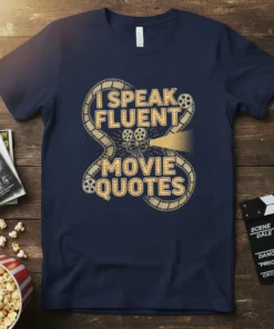 T-shirt with "I Speak Fluent Movie Quotes" text in vintage film reel design and projector graphic