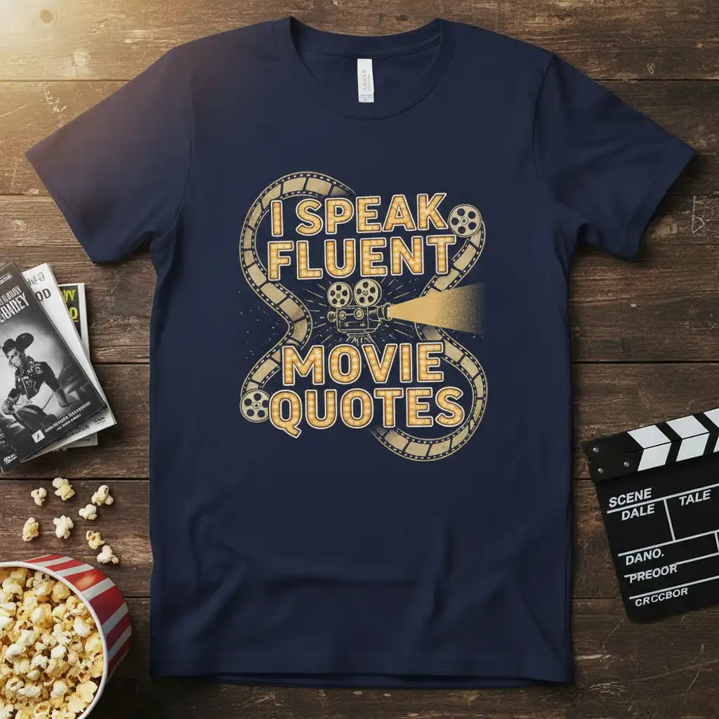 I Speak Fluent Movie Quotes design featuring a vintage film reel and projector, perfect for movie lovers