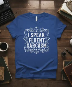 White text "I Speak Fluent Sarcasm" in a decorative frame on a royal blue t-shirt