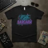 I Speak Fluent Sarcasm text design in neon blue and pink on a black t-shirt, featuring digital circuit elements and