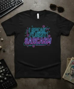 I Speak Fluent Sarcasm text design in neon blue and pink on a black t-shirt, featuring digital circuit elements and