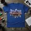 Blue t-shirt with bold white and red text: "I SPEAK FOUR LANGUAGES ENGLISH, PROFANITY, SARCASM & SOME REAL SHIT" on