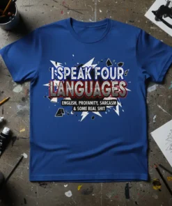 Blue t-shirt with bold white and red text: "I SPEAK FOUR LANGUAGES ENGLISH, PROFANITY, SARCASM & SOME REAL SHIT" on