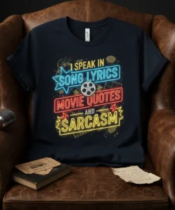 T-shirt featuring neon-style text "I Speak in Song Lyrics Movie Quotes and Sarcasm" with movie reel graphic