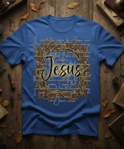 Christian T-Shirt with the full quote "I Speak The Name Of Jesus" elegantly displayed in a decorative frame