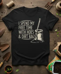 Black t-shirt with "I SPEND MY FREE TIME WITH HOES & DIRT BAGS" text and a graphic of a shovel