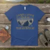 I Spent a Little Time on the Mountain quote with vintage mountain graphic on a blue t-shirt