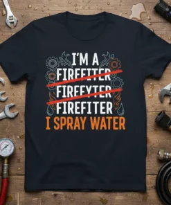 Firefighter T-Shirt with "I'm a Firefighter" crossed out and "I Spray Water" in bold orange text