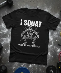 I SQUAT PLEASE SEE BACK FOR DETAILS text on black t-shirt with geometric squatting figure graphic