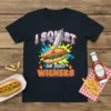 I SQUIRT ON JUICY WIENERS text with cartoon hot dog and ketchup bottle graphic on a black t-shirt