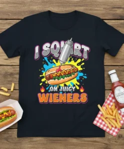 I SQUIRT ON JUICY WIENERS text with cartoon hot dog and ketchup bottle graphic on a black t-shirt