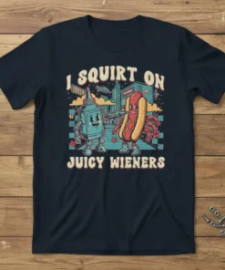 I Squirt On Juicy Wieners funny hot dog and ketchup bottle retro cartoon t-shirt design