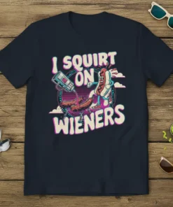 I Squirt On Wieners funny BBQ grilling quote t-shirt with cartoon hot dog character squirting condiment