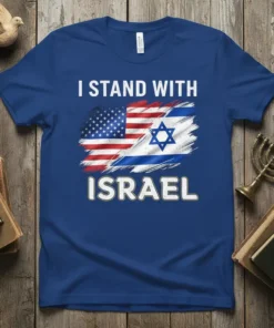 Blue t-shirt with "I STAND WITH ISRAEL" text and American and Israeli flag graphic