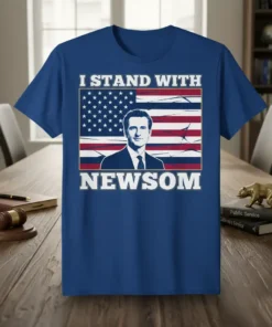 I Stand With Newsom political t-shirt design featuring a portrait of Newsom against the American flag