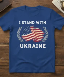 I Stand With Ukraine T-Shirt with distressed USA flag graphic and laurel wreath