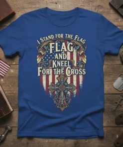 I Stand For The Flag Flag And Kneel For The Cross patriotic christian t-shirt with American flag and cross design