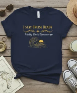 Navy blue t-shirt with gold text "I Stay Cruise Ready Wealthy Bitches Experience" and a cruise ship graphic with waves