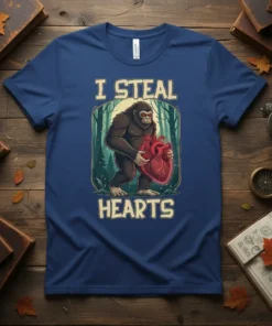I STEAL HEARTS Bigfoot design with a creature holding a heart, set in a forest