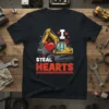 I STEAL HEARTS text with a yellow excavator holding a red heart in its bucket on a black t-shirt design