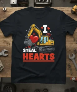 I STEAL HEARTS text with a yellow excavator holding a red heart in its bucket on a black t-shirt design