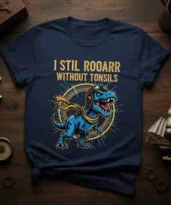 Blue T-Rex dinosaur wearing pilot goggles and scarf, text reads "I STIL ROOARR WITHOUT TONSILS" on a dark blue t-shirt