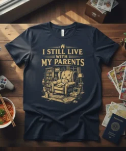 I Still Live With My Parents t-shirt with a vintage illustration of a cozy living room scene, featuring a cat