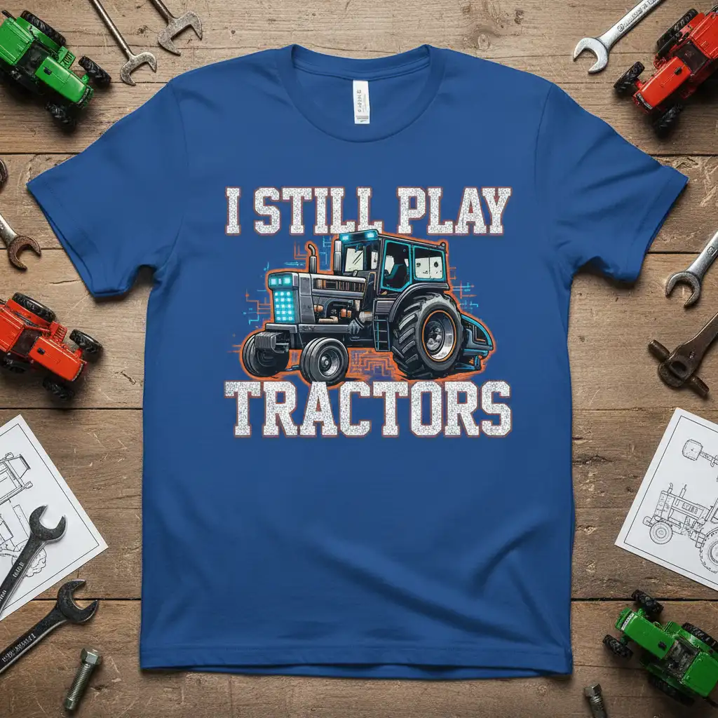 I Still Play Tractors quote on a blue t-shirt with a vibrant tractor illustration and distressed typography