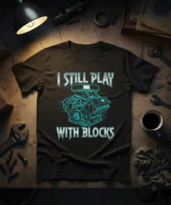 I Still Play With Blocks text with a blueprint-style V8 engine graphic on a black t-shirt