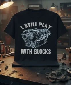 Black t-shirt with white text "I Still Play With Blocks" and a detailed engine block diagram graphic for mechanics