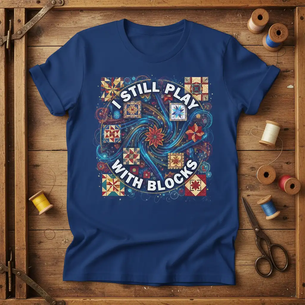 I Still Play With Blocks quote on a navy t-shirt featuring intricate quilt block patterns and colorful swirling designs