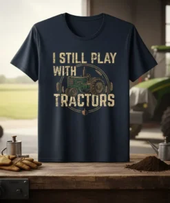 Navy t-shirt with distressed text "I STILL PLAY WITH TRACTORS" and a vintage green tractor graphic inside a circle border