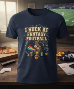 I Suck At Fantasy Football text with a cartoon donkey sitting on a trophy, surrounded by football icons and a
