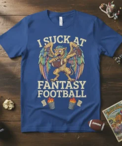I Suck At Fantasy Football t-shirt with a winged creature holding a football, text in distressed font
