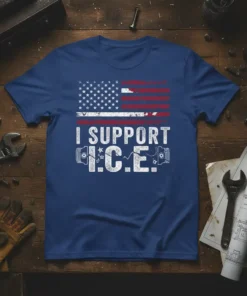 I SUPPORT I.C.E. T-Shirt with distressed American flag and piston graphic for mechanics