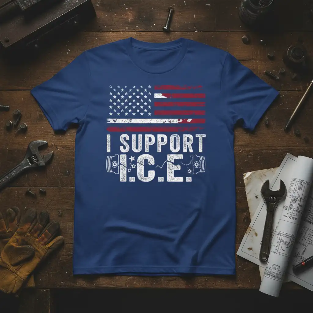 I SUPPORT I.C.E. graphic tee with distressed American flag and engine piston imagery for auto enthusiasts