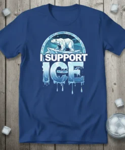 I SUPPORT ICE t-shirt design with a geometric polar bear standing on ice under an icy dome, featuring dripping ice