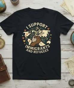 T-shirt with the text "I SUPPORT IMMIGRANTS AND REFUGEES" above a graphic of a hand holding a sprig of leaves