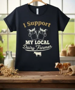 I Support MY LOCAL Dairy Farmer t-shirt design with milk cans and a cow silhouette