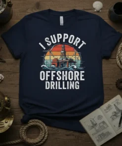 I SUPPORT OFFSHORE DRILLING text with an oil rig graphic and wind turbines, on a navy blue t-shirt