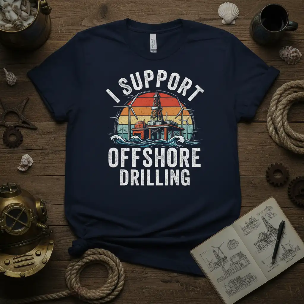 I SUPPORT OFFSHORE DRILLING statement with an oil rig and sunset graphic, designed for energy industry supporters