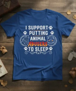 I SUPPORT PUTTING ANIMAL ABUSERS TO SLEEP text design with wolf and cat graphics on a blue t-shirt