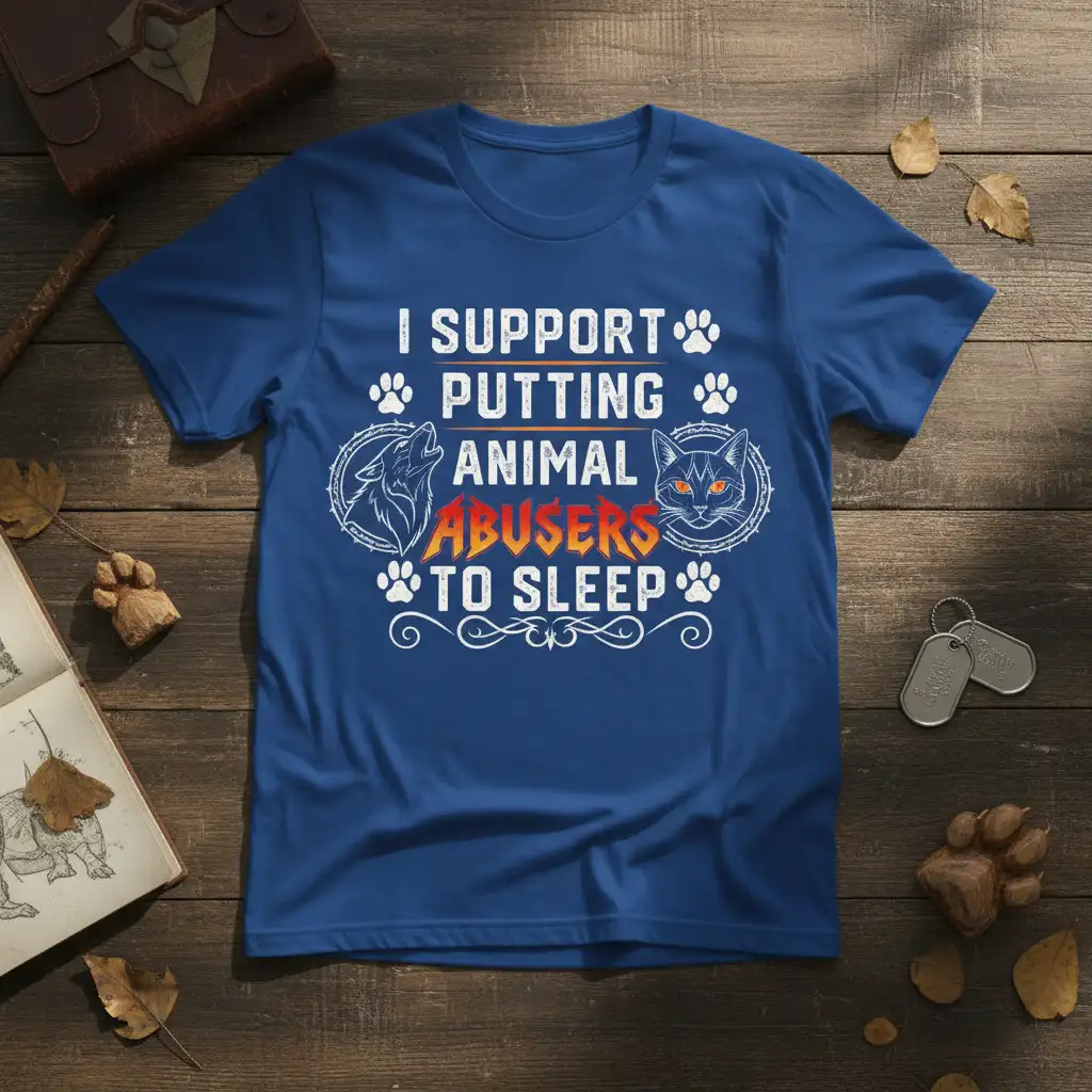 I SUPPORT PUTTING ANIMAL ABUSERS TO SLEEP bold typography on blue t-shirt with wolf and cat graphics