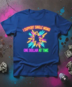 Neon text "I Support Single Moms One Dollar At Time" on a royal blue t-shirt, with a starburst graphic in