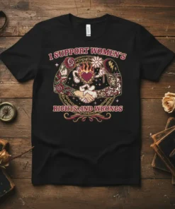 Black t-shirt with "I Support Women's Rights And Wrongs" text and a heart graphic shaking hands between tattooed arms