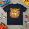 I Survived 100 days of Cafeteria CHAOS! text design with cartoon food characters and colorful explosion graphics on a navy