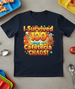 I Survived 100 days of Cafeteria CHAOS! text design with cartoon food characters and colorful explosion graphics on a navy