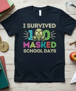 I Survived 100 Masked School Days t-shirt with gas mask graphic and colorful text