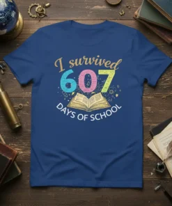 I survived 607 DAYS OF SCHOOL text with colorful numbers and open book graphic on blue t-shirt